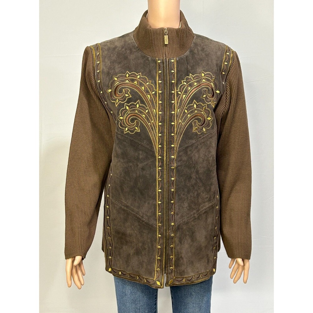 Bob Mackie Jacket Women XL Suede Brown Knit Full Zip Embroidered Western VTG